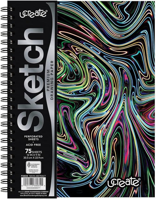 UCreate Fashion Poly Sketch Book Abstract Design, 9" x 12", Neon 75 Sheets