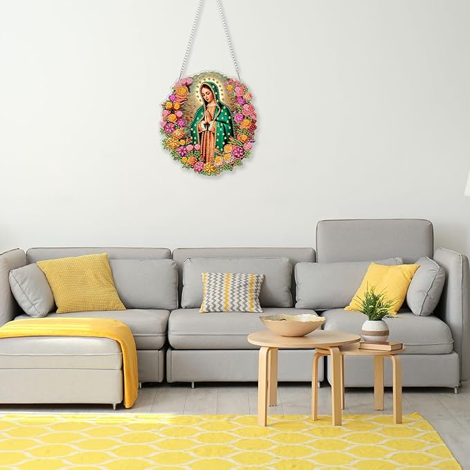 CEOVR Virgin Mary Hanging Diamond Art Kits for Adults, Prayer Special Shape Religious Diamond Painting DIY Gem Art, Windows Pendant Ornament with Chain, Acrylic Home Garden Decor, Box Kit 7.07x7.61In