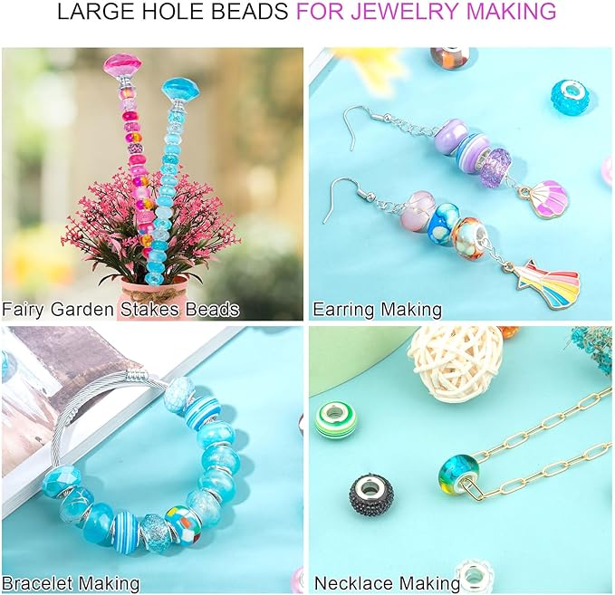 200Pcs Large Hole Beads Purple Assorted European Craft Big Beads Large Hole Lampwork Murano Bead Fairy Wand Garden Bead for DIY Charm Bracelet Necklace Jewelry Making Decoration Supplies