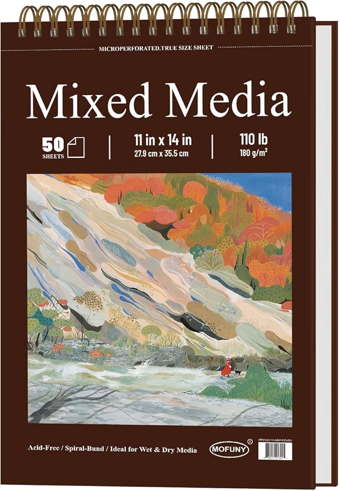 mofuny mixed media sketchbook 11x14, 50 sheets - 110lb/180gsm thick paper for painting | mixed media pad & water color sketch books for adults, teens & painting supplies for artists.