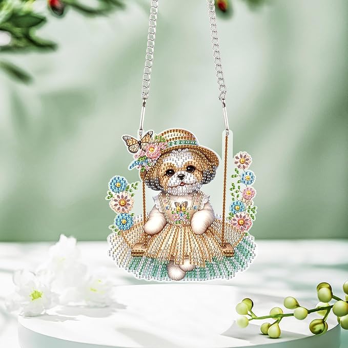 Tontut 5D DIY Diamond Art Painting Pendant kit, Swing Skirt Puppy Special Shape Hanging Crystal Window Pendant kit, Adult Gift Home Curtains, Yard Entrance Decoration