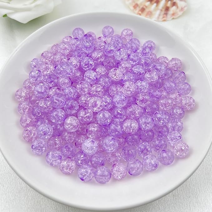200pcs 10mm Crackle Beads - Round Crystal Acrylic Craft Beads with Hole for Jewelry Making - Purple