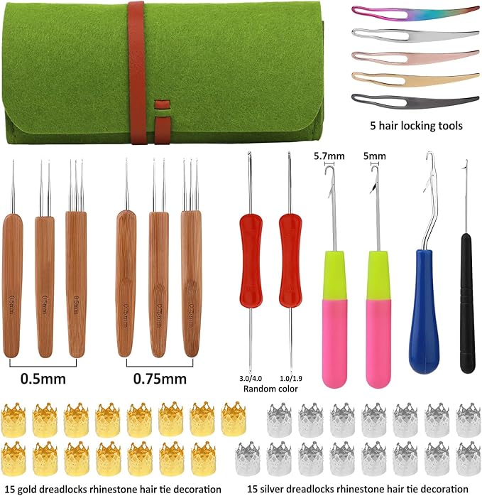 Loc Crochet Needle, 48 Pcs Dreadlock Crochet Hook Tool, 6 Dreadlock Crochet Needle for Hair, Different Size Bent Latch Hook, Crochet Hooks for Hair Braiding with Case and Dreadlocks Tool (Green Bag)