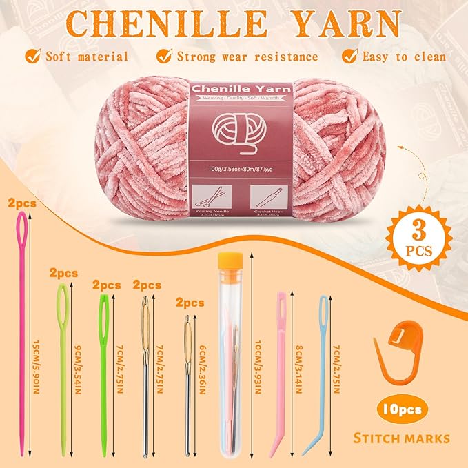 LUNARM Chenille Yarn for Crocheting Knitting, 3 Skein 263 Yard Thick Soft Chunky Fluffy Weaving Plush Yarn for Blankets Clothes Pattern Creations with Big Eye Needles (Peach Pink)