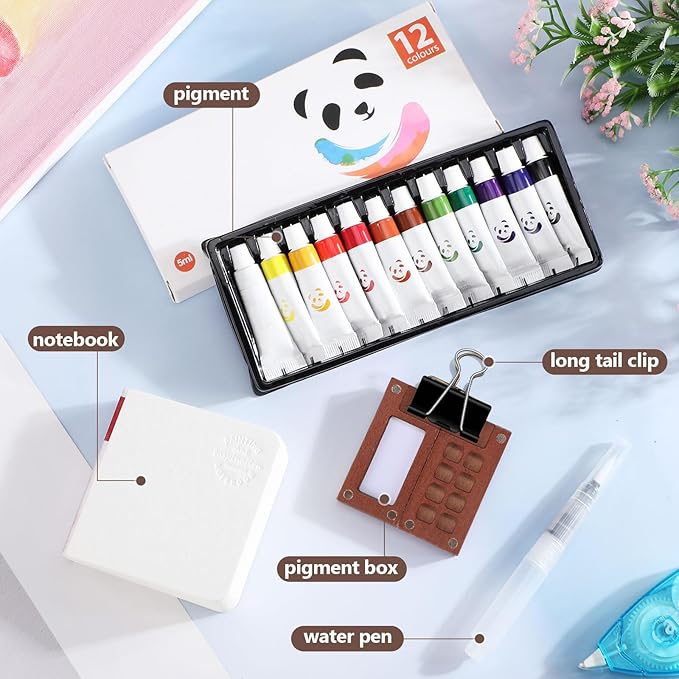 12 Set Mini Watercolor Paint Set Paint Palette Travel Kit Pocket Artist Watercolor Travel Kit with Wooden Grid Palette Box Sketchbook Brush Pens Paints Clips for Beginners Artists Painters