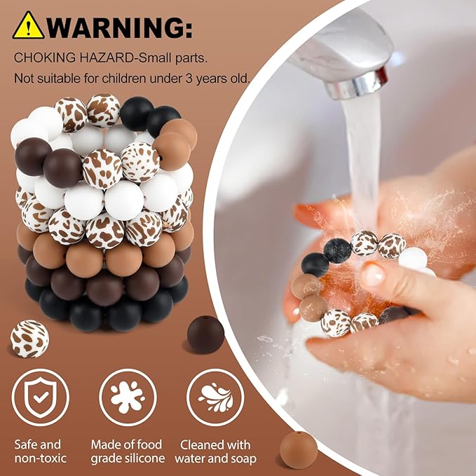ASTARON 100 Pcs 15mm Silicone Beads for Keychain Making, Cow Brown White Round Beads Bulk for Bracelets Crafts Beadable Pens Decorations Jewelry Making Supplies