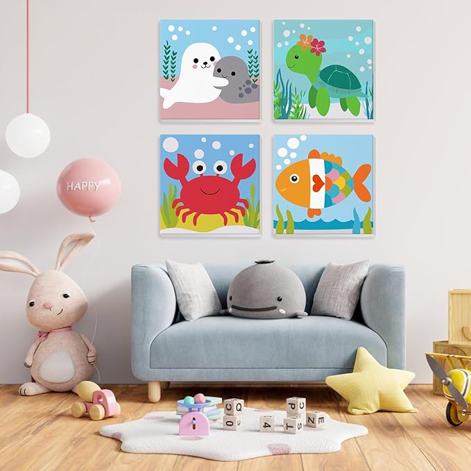 4 Pack Paint by Number for Kids with Wooden Frame, Cute Seal, Turtle, Fun Crab, Fish Paint by Numbers for Kids Ages 8-12, Cartoon, DIY Acrylic Oil Painting for Beginners for Home Wall Decor 8X8 inch