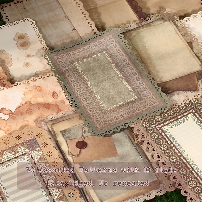 30 Sheets Lace Edged Vintage Scrapbook Paper, Assorted Set - 3 Pack Background Stationery Paper Ephemera for Junk Journaling Supplies, Scrapbooking, Collage, Letter Writing