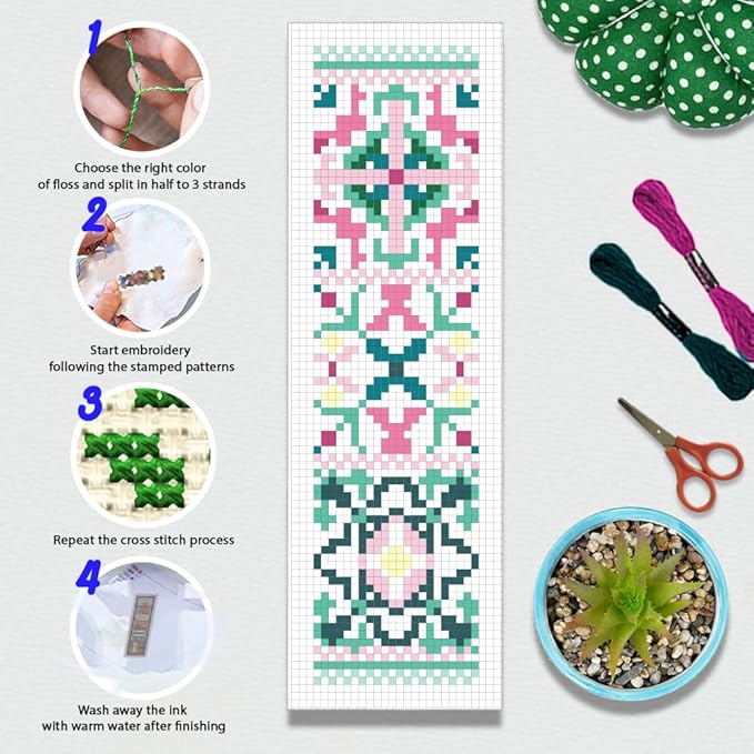 BEUNITONE Cross Stitch Bookmark Kits 6 Pcs Variegated Flowers DIY Bookmarks Cross Stitch Set for Adults Beginners Hand Embroidery Set Traditional Decorative Patterns Craft Kits for Gifts 8''x2.4''