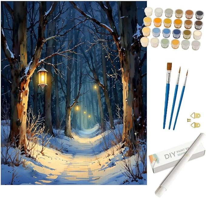 Snowy Lantern Walk Paint by Numbers Kit for Adults - DIY Winter Night Forest Painting on Rolled Canvas 16x20 Inches, Acrylic Paint Set, Suitable for Beginners, Art for Home Decoration or Gifts