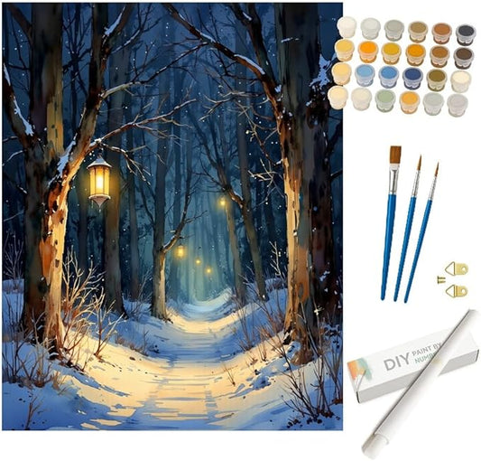 Snowy Lantern Walk Paint by Numbers Kit for Adults - DIY Winter Night Forest Painting on Rolled Canvas 16x20 Inches, Acrylic Paint Set, Suitable for Beginners, Art for Home Decoration or Gifts