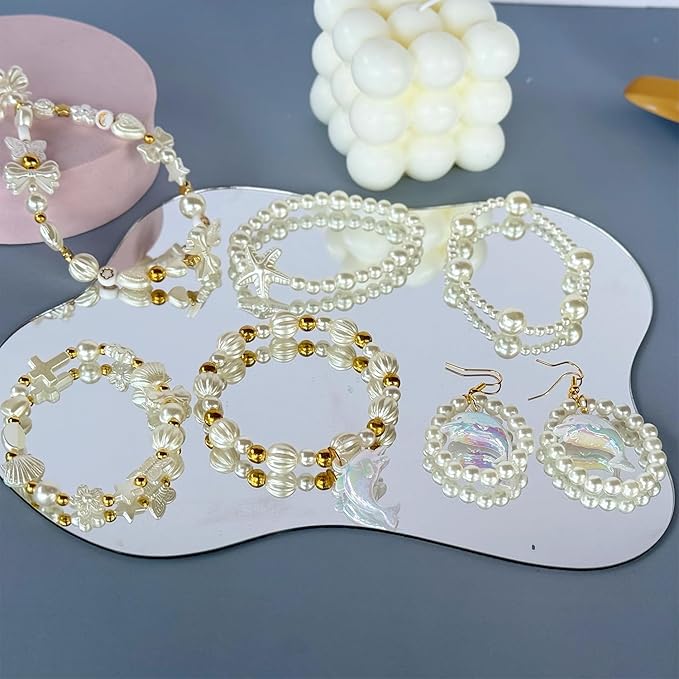 990Pcs ABS Imitation Pearl Beads for Jewelry Making, Assorted Heart Star Bow Flower Seashell Starfish Aesthetic Cute Bead for Bracelet Necklaces Earrings DIY Crafts Phone Charm Keychain