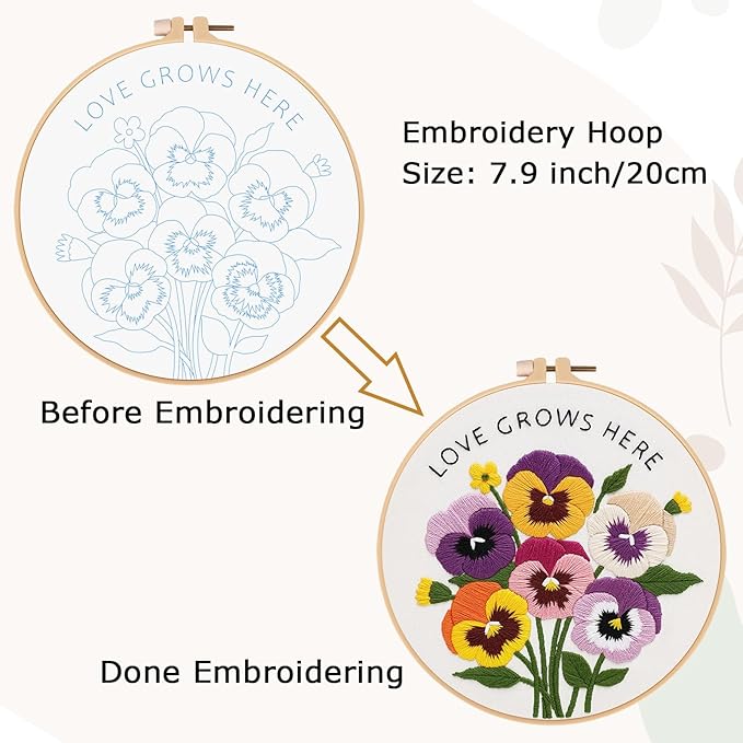 Nuberlic Pansy Flower Embroidery Kit for Beginners Cross Stitch Kits- Complete Starter Set with Hoop, Pre-Printed Fabric, Threads & Needles