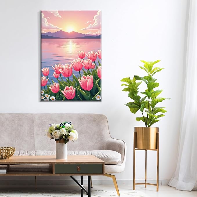 ATDMS Paint by Numbers Kit for Adults with Frame Flowers Adult Paint by Number Kits Framed Canvas Seaside Sunset Paint by Number with Easel DIY Mountain Oil Painting kits for Home Wall Decor 8x12 Inch