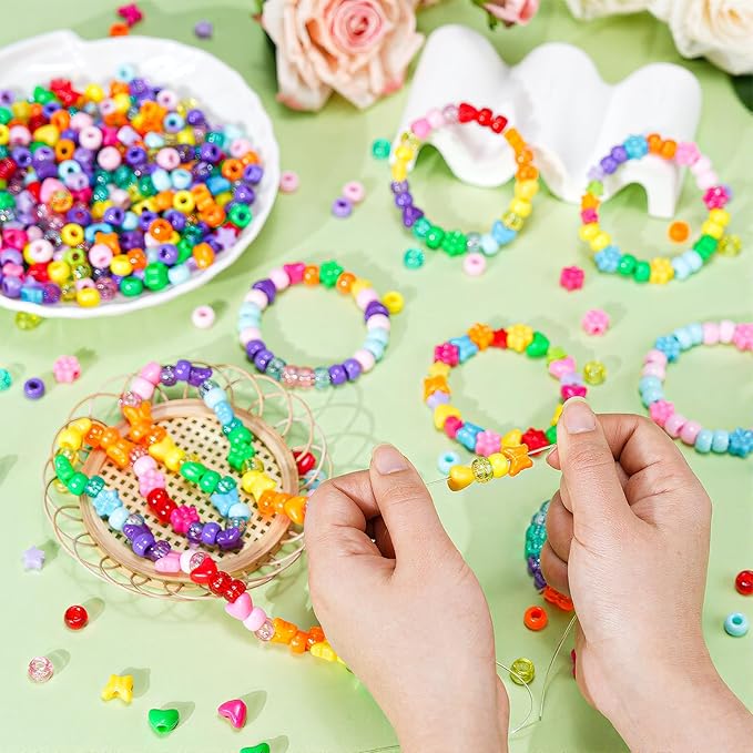 Rainbow Pony Beads Mix 1000pcs Easter Basket Stuffers, Hearts Flowers Stars Butterflies Assorted Bead Charms Set, Colorful Craft Beads for Bracelets Jewelry Making DIY Art Projects