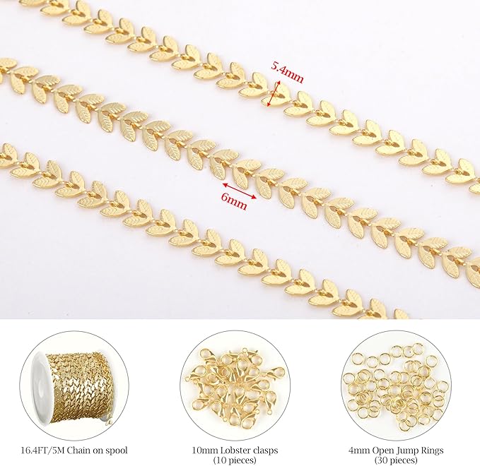 KYUNHOO 16.4/5M Gold Plated Chains for Jewelry Making Embossed Leaf Chain Roll Light Gold Jewelry Making Chains with Lobster Clasps and Jump Rings for Crafting
