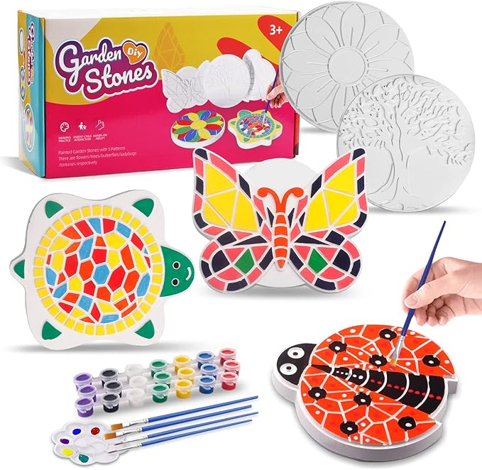 Weilim Paint Your Own Stepping Stones 5-Pack for Kids, Boys & Girls Ages 3-12, Butterfly, Turtle, Flower, Tree & Ladybug DIY Outdoor Garden Art & Craft Ceramic Painting Set Easter