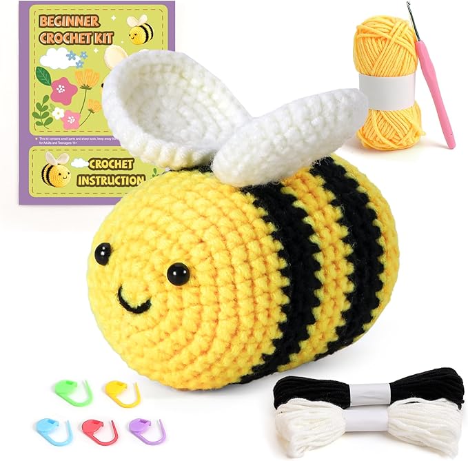 Karsspor Crochet Kit for Beginners, Crochet Starter Kit with Detailed Instructions and Video Tutorials, Complete Crochet Animal Kit, Crochet for Adults Kids, Adorable Bee