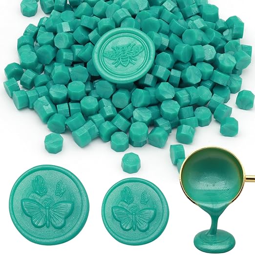 250pcs Wax Seal Beads Turquoise, Andotopee Premium Green Sealing Wax Beads for Stamp Seals, Octagon Seal Stamp Pellets Refill Pack for Wedding Invitation, Letter Envelope, Scrapbook DIY Crafts