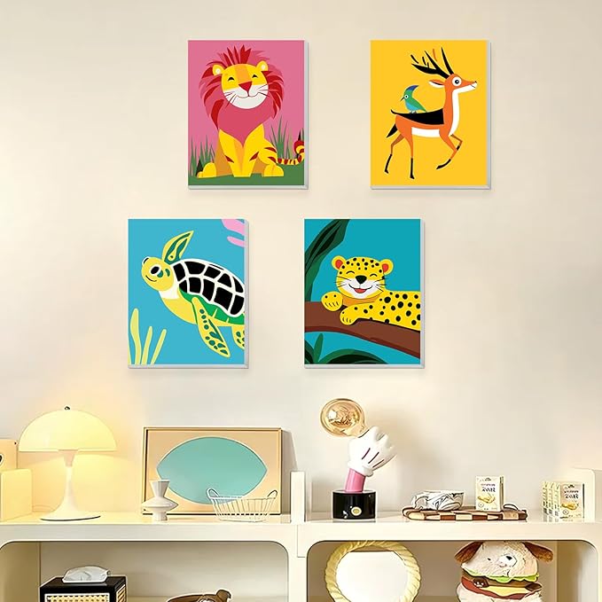 KEYIFA 4 Pack Framed Paint by Numbers Kit for Kids Age 6-12, Easy Animal Paintings for Adult Beginner, Framed Acrylic Canvas Painting for Home Decor Children Gift, 8x10 in (Deer+Turtle+Lion+Leopard)