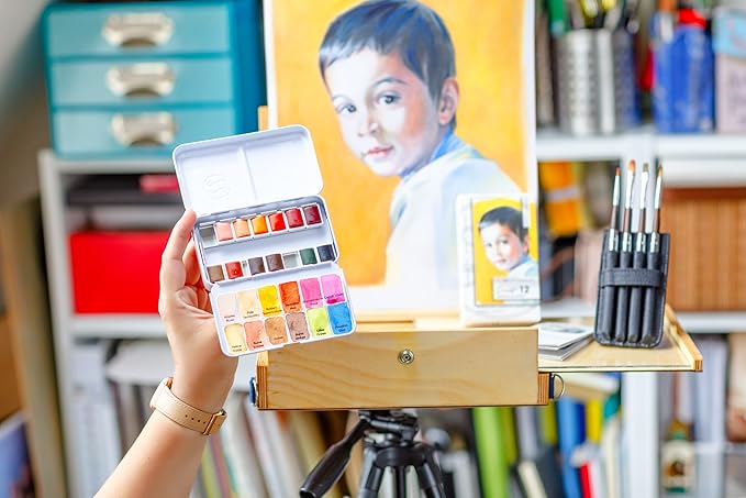 ZenArt Supplies Professional Watercolour Paint Set Sorriso - Non-Toxic 12 Half-Pan in Metal Tin Palette Portable Travel for Adults Water Color Portrait, Figurative & Animal Art by