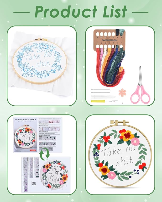ERKOON Embroidery Kit for Beginners, Flower Cross Stitch Set for Include Embroidery Cloth Hoops Threads for Craft Lover Hand Stitch with Embroidery Skill Techniques (Happiness Wreath)
