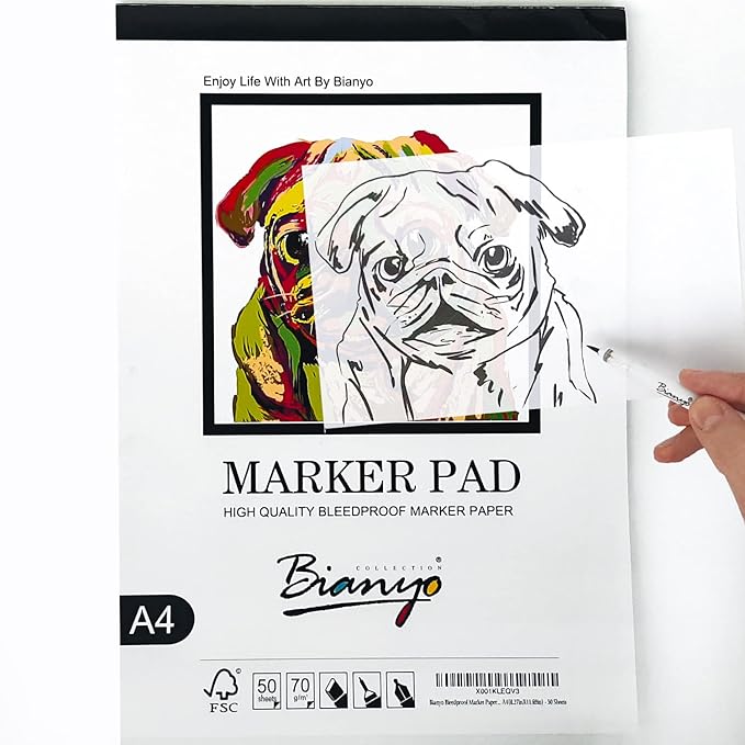 bianyo bleedproof marker paper pad, a4(8.27"x11.69"), 50 sheets/pad, pack of 2 pads, 18 lb / 70 gsm, glue-bound, 100% cotton, white, ideal for use with markers and ink mediums