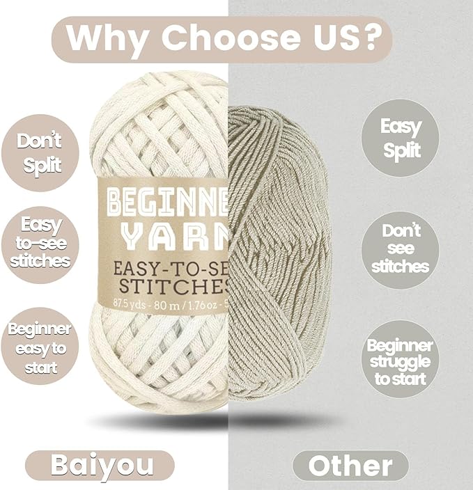3x50g Beginners Ivory White Yarn, 260 Yards for Crocheting Knitting, Easy-to-See Stitches, Worsted Medium #4, Chunky Thick Cotton Nylon Blend for Crocheting