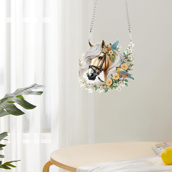 JZHYOAN Horse Diamond Painting Decorative Sign Diamond Art Hanging Kit DIY Hanging Diamonds Craft Pendant Wind Chimes with Diamonds Art Window Pendants Acrylic Pendants Crystal Arts Pendant Craft