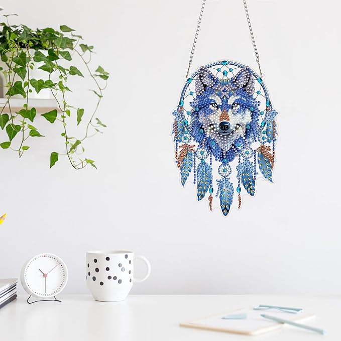 MAXBYE Diamond Art Kits for Adults Hanging Pendant, Wolf Dreamcatcher DIY Special Shaped Diamonds Painting Double Sided Rhinestone Gem Art for Beginners Gift Window Wall Door Decoration 8×8 Inch