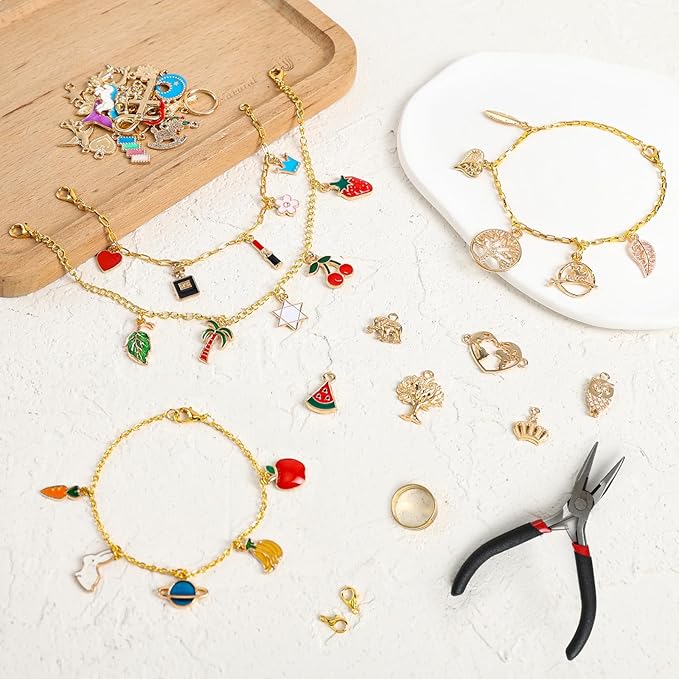 LuneClat Gold Chain Charm Bracelet Making Kit - 14K 5 Different Chains 3.28 ft, DIY Necklace Bracelets Making Accessories with Charms Pendants Jump Rings Lobster Clasps Pliers