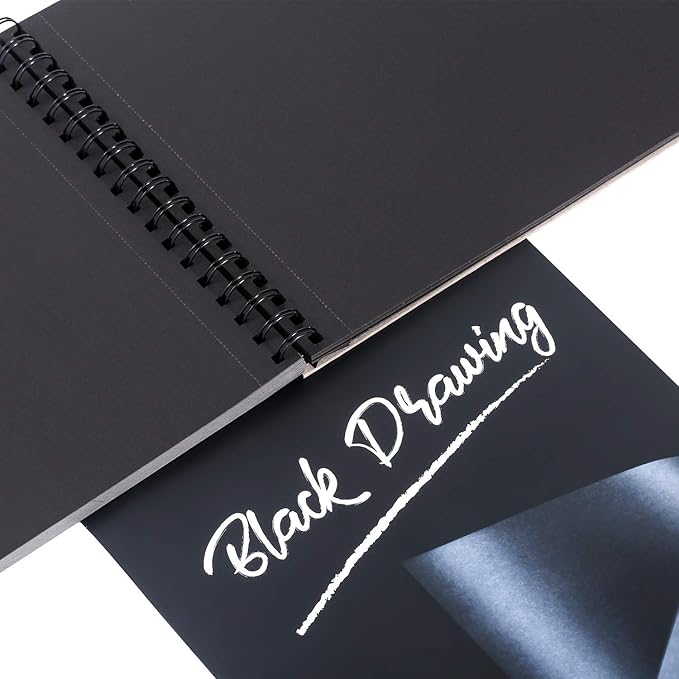 Bachmore Black Drawing Pad, 9X12 inch (92lb/150gsm), 50 Sheets of Top Spiral-Bound, Perforated,Heavyweighted Paper for Graphite, Acrylic, Colored Pencils, Charcoal, Opaque Inks, Gouache & Pastels