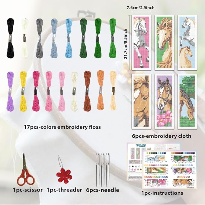 ORIGACH 6 Set Horse Cross Stitch Bookmark Kit for Beginner with Backing Felt Floss Instructions DIY Stamped Embroidery Bookmark Kit for Adults, Book Lovers