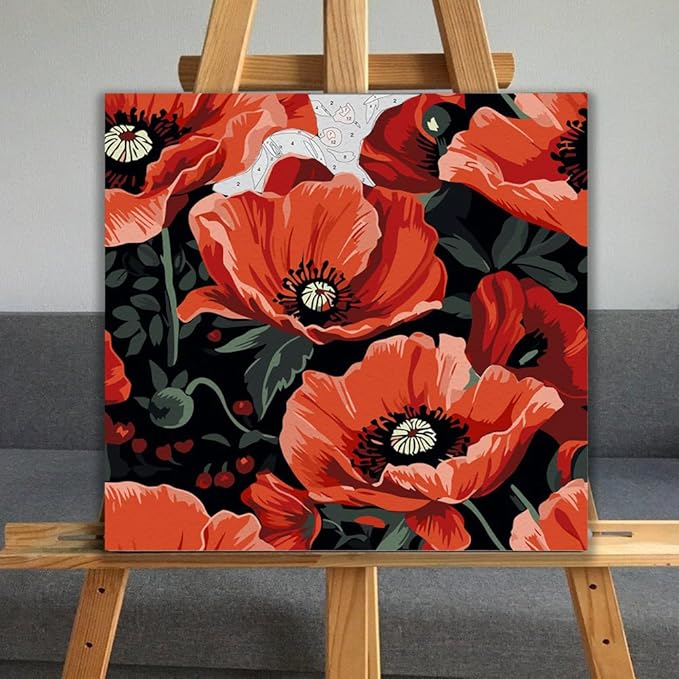 JUJUHOOD Red Poppy Paint by Numbers Kit for Adults Beginner & Kids Ages 8-12, Easy Flower Paint by Number Without Easel, Simple Paint by Numbers for Gift Home Wall Decor (10x10Inch)