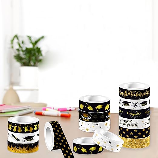 12 Rolls Graduation Washi Tape, Black Foil Gold Congrats Grad Masking Tapes, Congratulations Grad Cap Decorative Paper Stickers for Graduation Scrapbook Gift Wrapping DIY Art Crafts 16.4FT