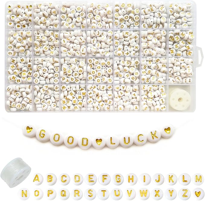 Looconi 1400pcs Letter Beads A-Z 4x7mm White On Gold Round Acrylic Alphabet Heart Beads and Beading Cord for Jewelry Making Bracelets Necklaces Key Chains