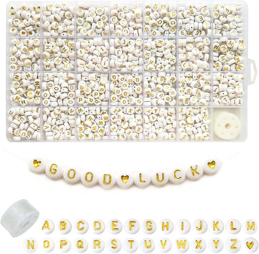 Looconi 1400pcs Letter Beads A-Z 4x7mm White On Gold Round Acrylic Alphabet Heart Beads and Beading Cord for Jewelry Making Bracelets Necklaces Key Chains