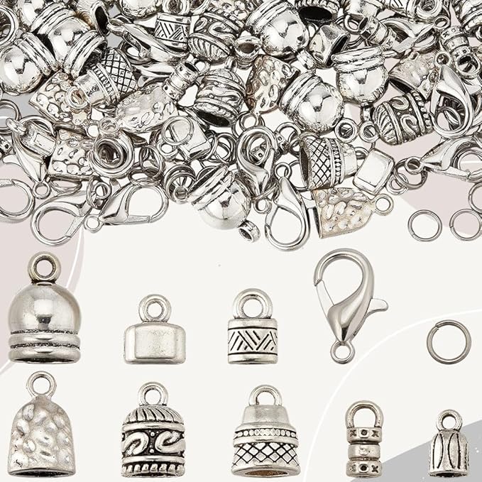 SUNNYCLUE 1 Box 230pcs Leather End Caps Kumihimo Cord End Caps Alloy Antique Silver Tibetan Style Glue in Crimp Tassel Cord Tube Tips for Jewelry Making Kit Adult Bracelets DIY Accessories Crafts