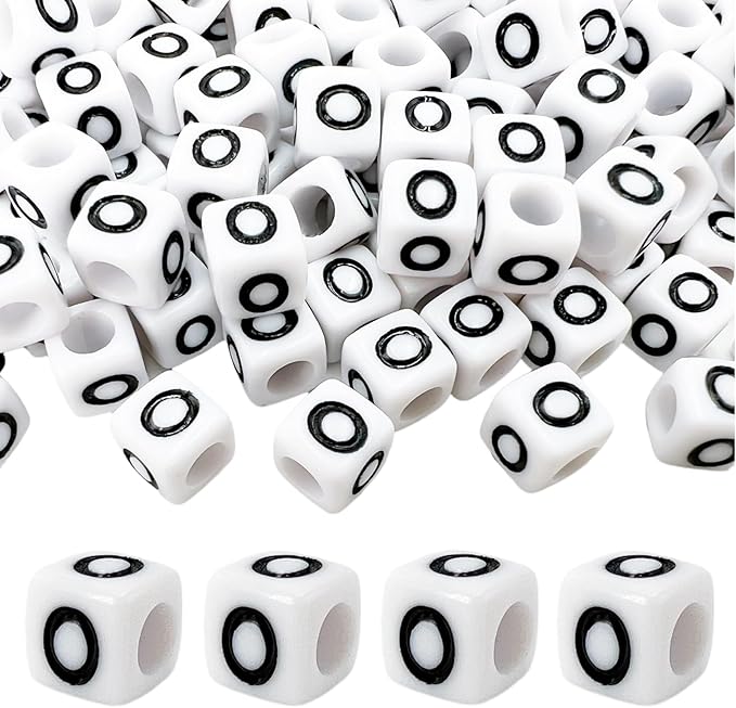 MIIIM 100pcs Pony Beads Letter O for Keychains Making, 6x6mm Large Hole Square Letter Beads for Bracelets Making, Alphabets, Numbers (White and Black)