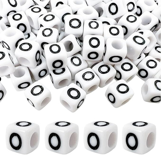 MIIIM 100pcs Pony Beads Letter O for Keychains Making, 6x6mm Large Hole Square Letter Beads for Bracelets Making, Alphabets, Numbers (White and Black)