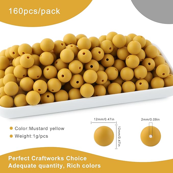 160Pcs 12mm Silicone Beads for Keychain Making Bracelet Necklace, Bulk Round Silicone Beads for Pens(Mustard Yellow)