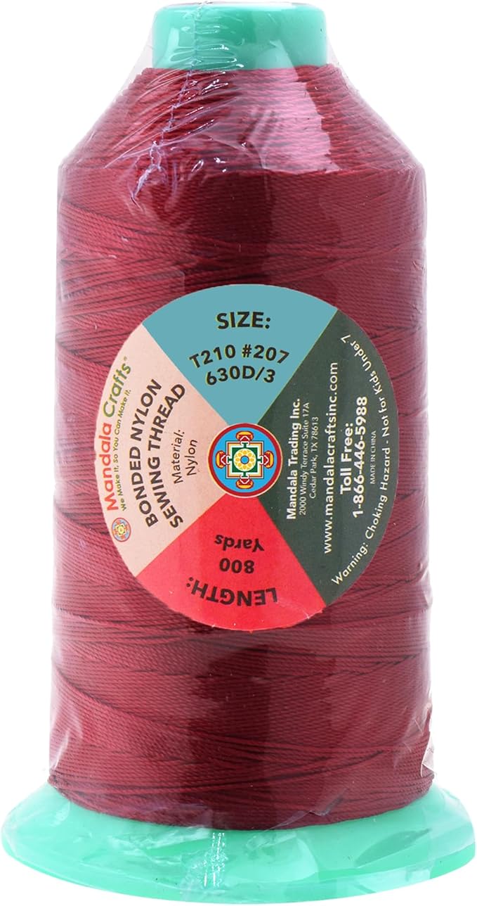 Mandala Crafts Size 207 630D T210 Bonded Nylon Thread - Maroon 800 YDs Tex 210 Heavy Duty Sewing Threads for Leather, Jeans, Weaving, Outdoor Marine Upholstery