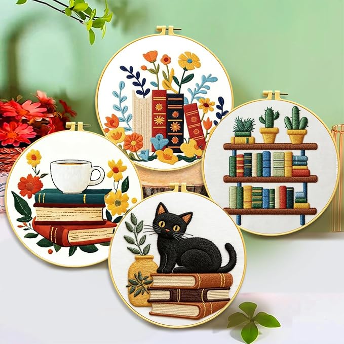 Zhenqing 4 Bookshelf Scenes Embroidery Kit for Beginners, Pre-Printed 29x29cm Circular Cotton Fabric Set with 20cm Hoop, Reading & Library Themed Designs for Home Decor (C0226)