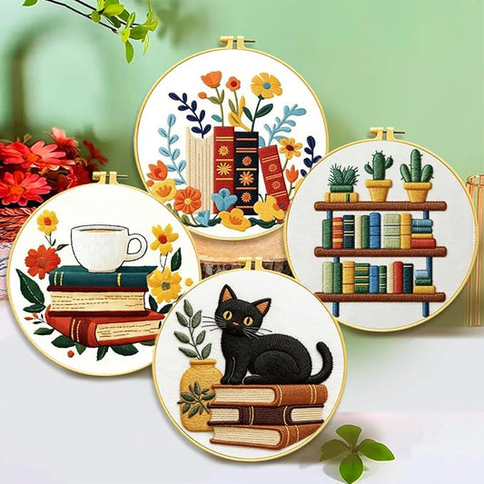 Zhenqing 4 Bookshelf Scenes Embroidery Kit for Beginners, Pre-Printed 29x29cm Circular Cotton Fabric Set with 20cm Hoop, Reading & Library Themed Designs for Home Decor (C0226)
