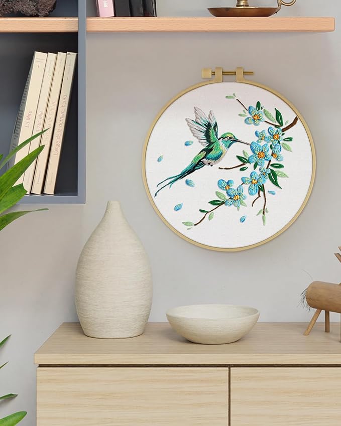 ERKOON Embroidery Kit for Beginners, Hummingbird and Flower Cross Stitch Set for Include Embroidery Cloth Hoops Threads for Craft Lover Hand Stitch with Embroidery Skill Techniques (Green Hummingbird)