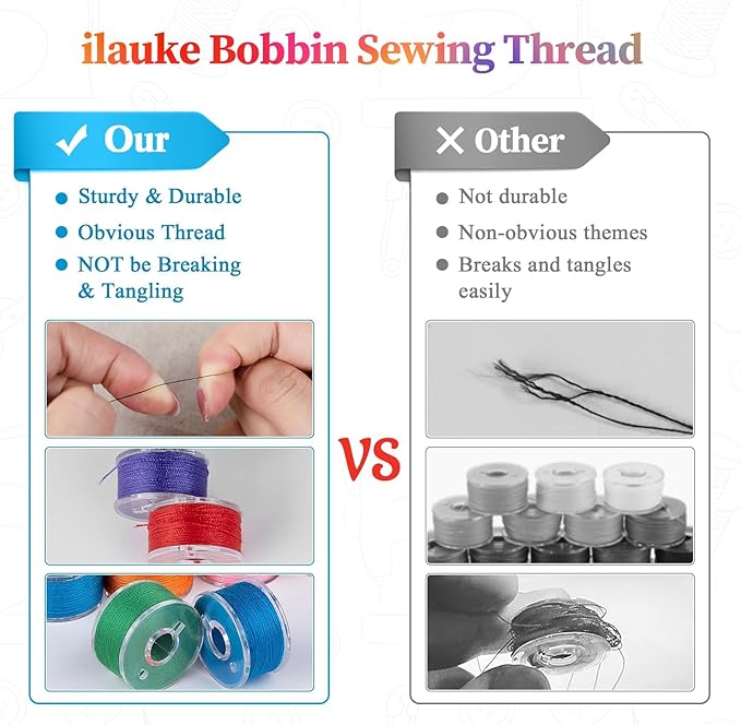 ilauke 210 pcs Bobbins Sewing Thread, SizeA Class15 Prewound Sewing Bobbins for Machine, 36 Colors Polyester Bobbin Thread Compatible for Brother/Singer/Babylock/Janome Machine, 60WT