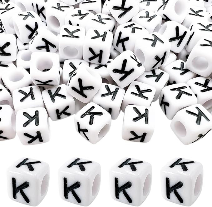 MIIIM 100pcs Pony Beads Letter K for Keychains Making, 6x6mm Large Hole Square Letter Beads for Bracelets Making, Alphabets, Numbers (White and Black)