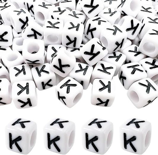 MIIIM 100pcs Pony Beads Letter K for Keychains Making, 6x6mm Large Hole Square Letter Beads for Bracelets Making, Alphabets, Numbers (White and Black)