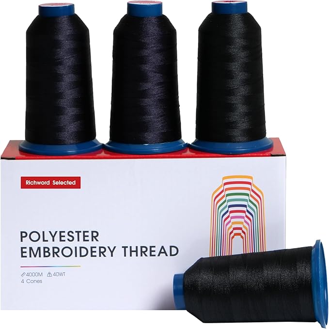Poolin Black2 Embroidery Thread, Huge Spool Richword Selected 4 Rolls 4000M(4374Y) 40WT Polyester Thread for All Embroidery Machines