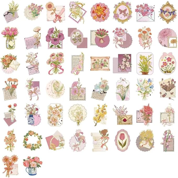50Pcs Waterproof Vintage Stickers,Scrapbooking Supplies Kit,Aesthetic Decorative Craft Sticker for Planner, Bullet Journaling, Junk Journal, Water Bottles, Laptop, Retro Craft.Flowers